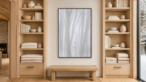 Among the Trees by Lisa Robertson, 32 x 48 in, whitewashed wood float frame