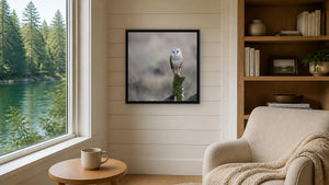 Barn owl on a mossy post by Martin Elliott, 20 x 20 in, black float frame