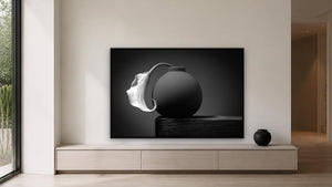Curved Calla Lilly in Clay Vase by Rick Bogacz, 60 x 40 in, black float frame