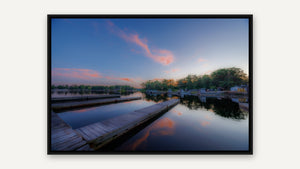 Boats at Dawn by Tatiana Campbell, black float frame [fin:float:Black]