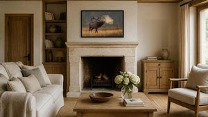 Frosty Bugle by Harry Collins, 30 x 18.5 in, black float frame