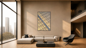 Golden Geometry by Lisa Robertson, 40 x 60 in, whitewashed wood float frame