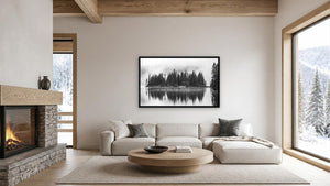 Island in the Mist (Monochrome) by Harry Collins, 36 x 22 in, black float frame