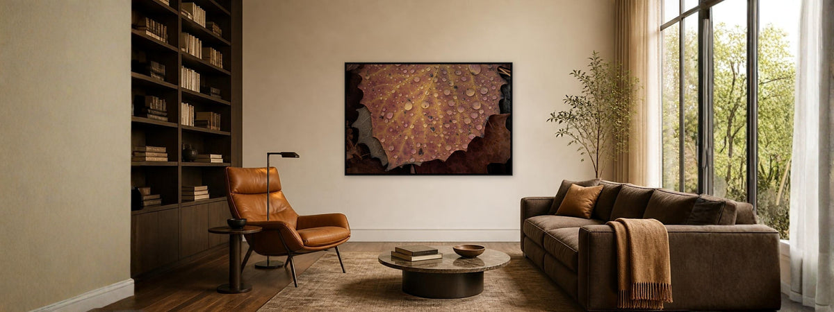 Autumn Droplets by Robert A. Metcalfe, framed in a living room
