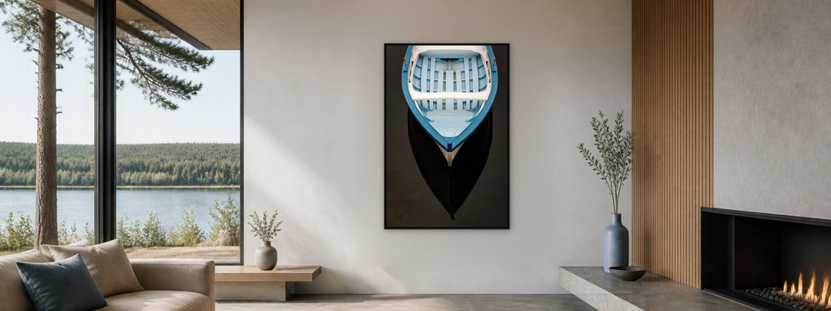 Held in Symmetry by Jim Neale, framed in a lakeside living room