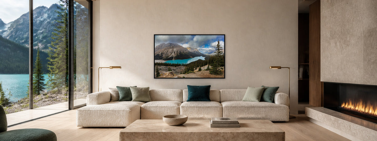 Peyto Lake Lookout by Harry Collins, framed in a lake house living room