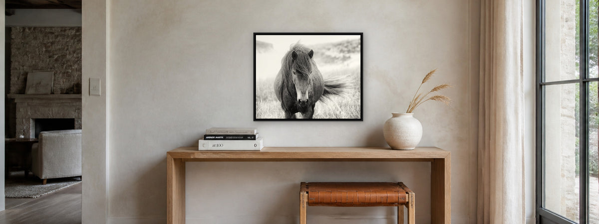Wayward Wind by Debra Garside, framed above an oak console