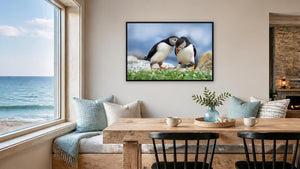 Puffin Secrets by Ginette Kew, 48 x 32 in, black float frame