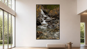 Tangle Creek Cascade by Harry Collins, 40 x 60 in, black float frame