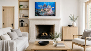 The Friendly Turtle by Gary Burns, 48 x 32 in, whitewashed wood float frame
