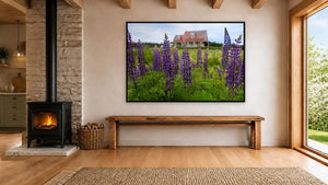 Wild Lupins and Weather Walls by Jennifer Hottinger-Sloan, 60 x 40 in, black float frame
